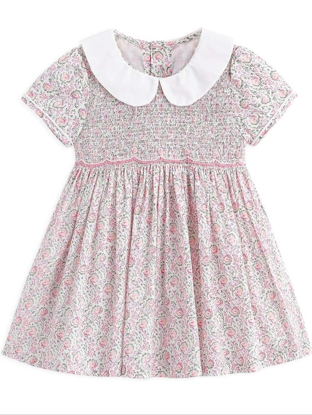 Girls Pink Floral Smocked Dress with White Peter Pan Collar